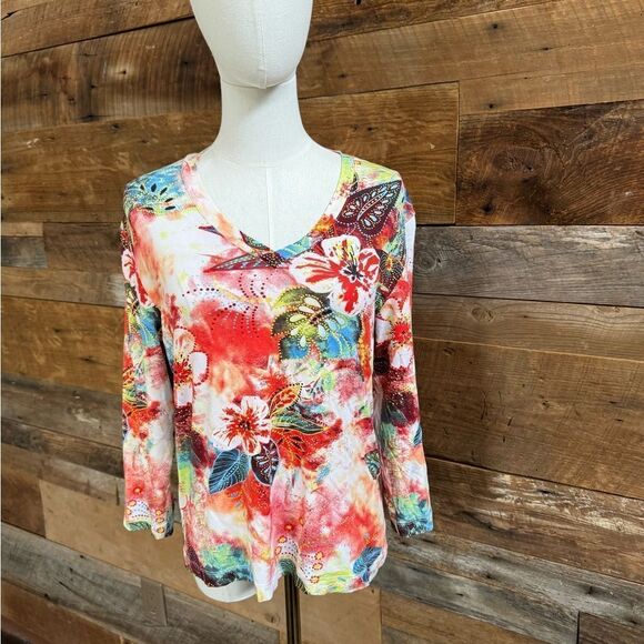 Chico’s Colorful Floral 3/4 Long Sleeve Tee EUC SZ 1 - Picture 4 of 8